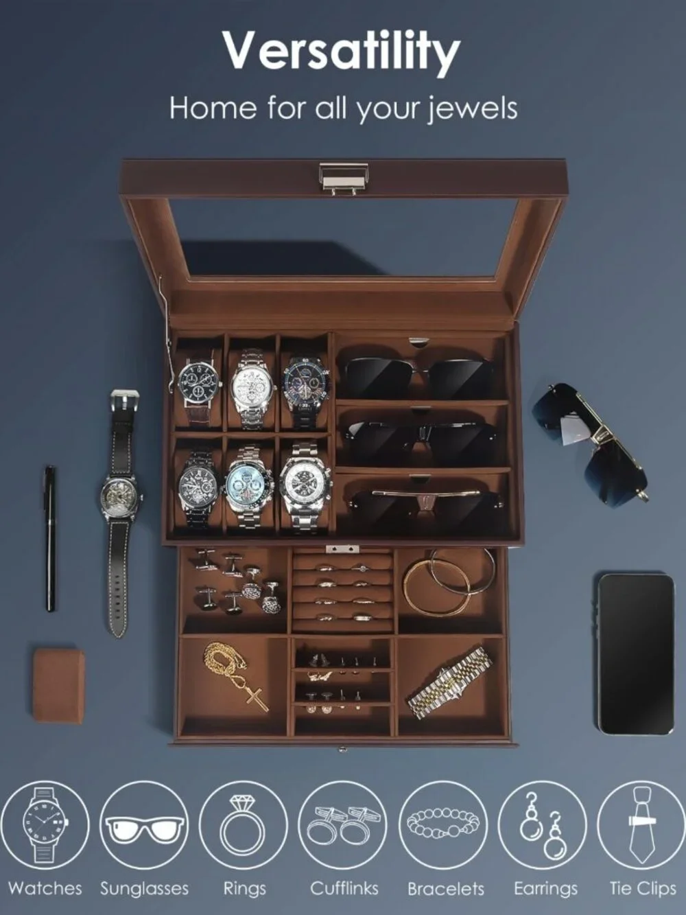 6-Slot Watch Jewelry Box Organizer with Glass Lid, Men's Storage Case & Lock